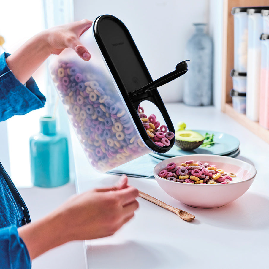 tupperware modular mates super ovalado tapa vertedora almacenamiento de alimentos negro azabache