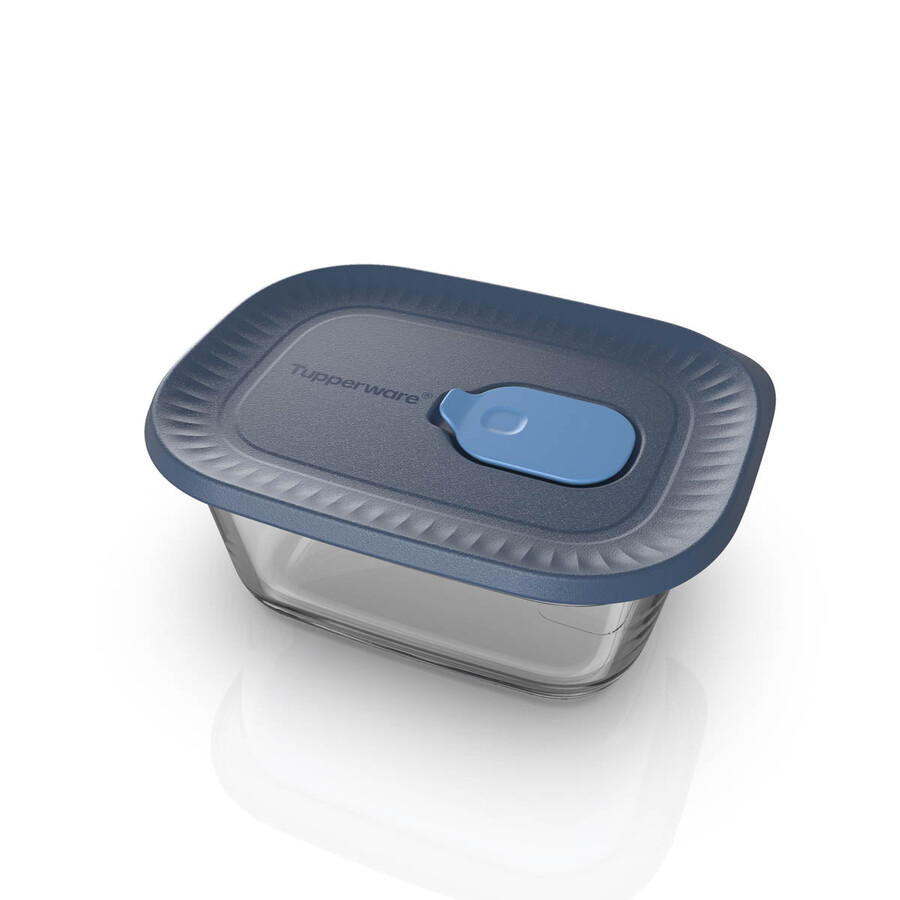 recipiente de vidrio tupperware voila para almacenar alimentos rectangular mini gris oscuro y azul tapa