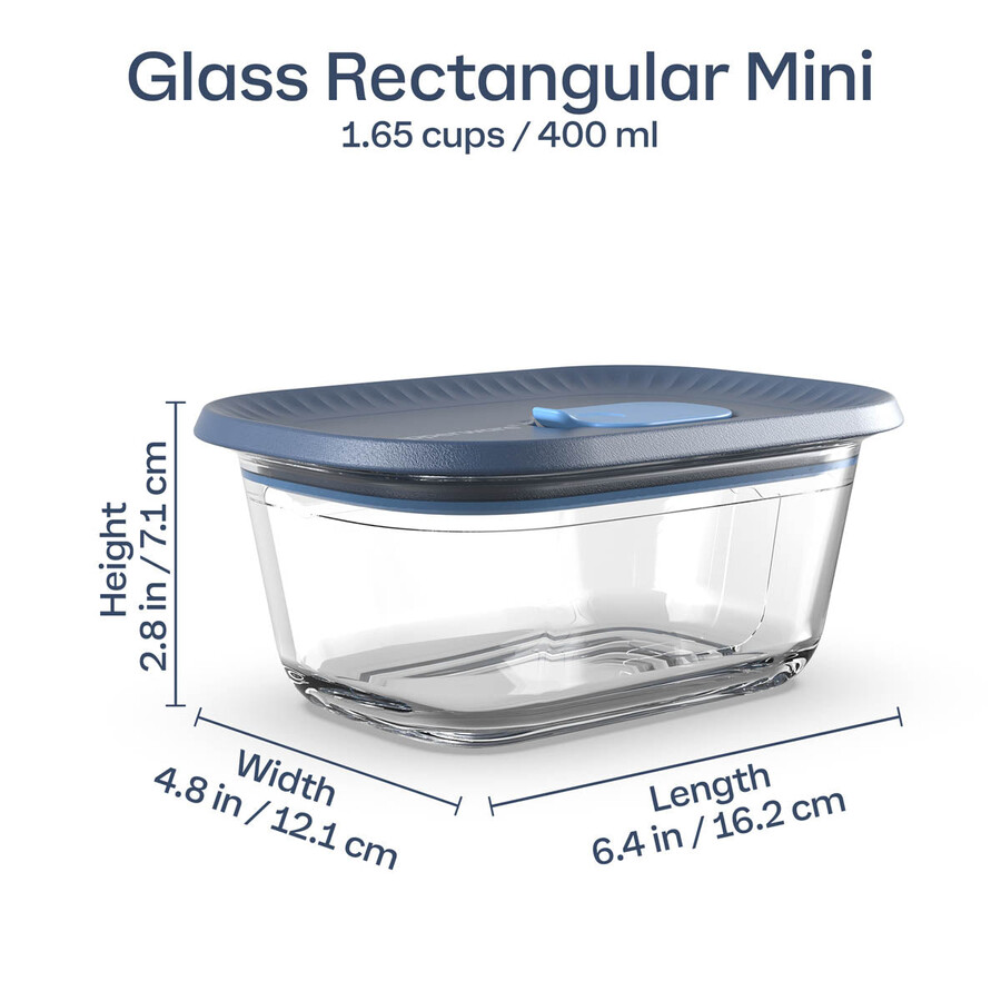 recipiente de vidrio tupperware voila para almacenar alimentos rectangular mini gris oscuro y azul tapa