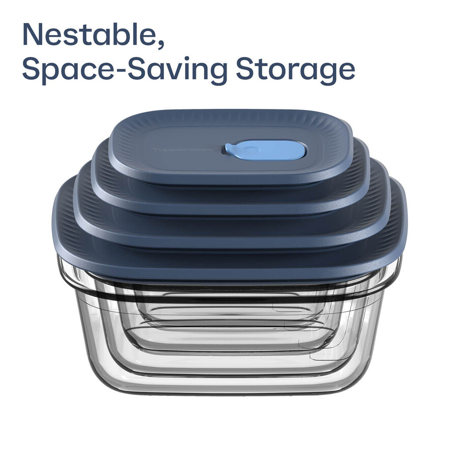recipiente de vidrio tupperware voila para almacenar alimentos rectangular mini gris oscuro y azul tapa