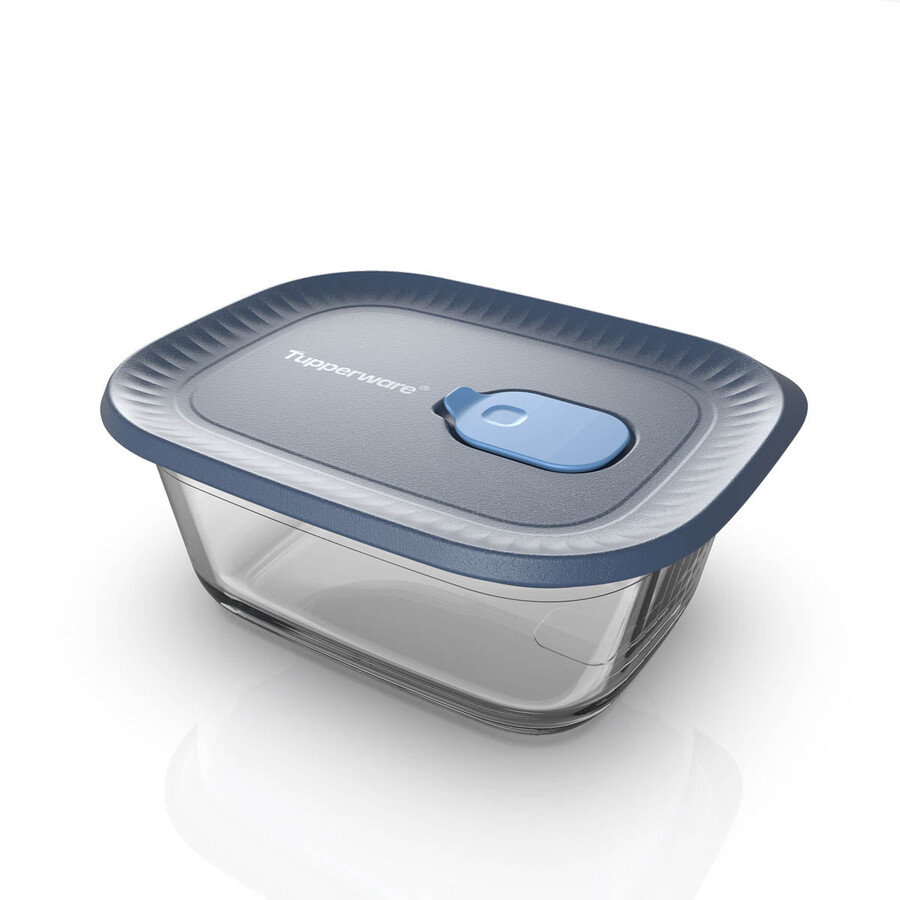 recipiente de vidrio tupperware voila para almacenar alimentos rectangular pequeño gris oscuro y azul tapa