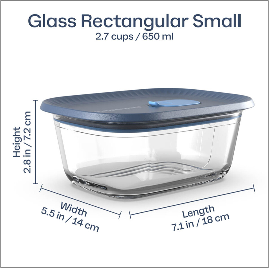 recipiente de vidrio tupperware voila para almacenar alimentos rectangular pequeño gris oscuro y azul tapa