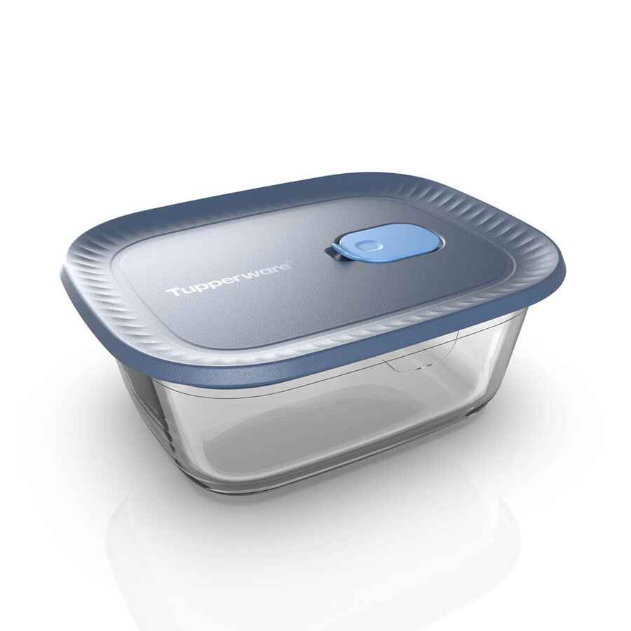 recipiente de vidrio tupperware voila para almacenar alimentos rectangular mediano gris oscuro y azul tapa