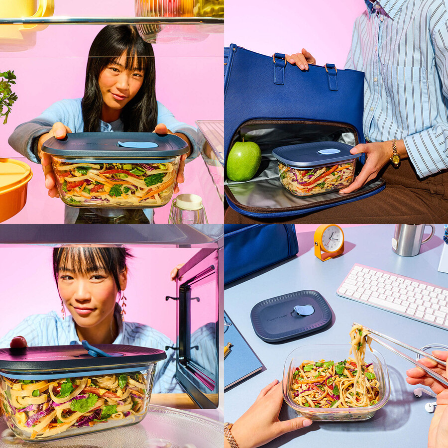 recipiente de vidrio tupperware voila para almacenar alimentos rectangular mediano gris oscuro y azul tapa